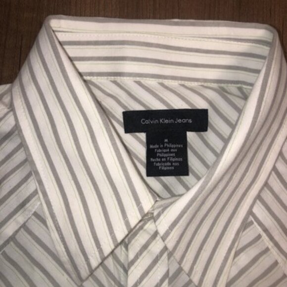 Calvin Klein Jeans Shirt Size Medium White Striped Gray Button Up Casual - Picture 3 of 10